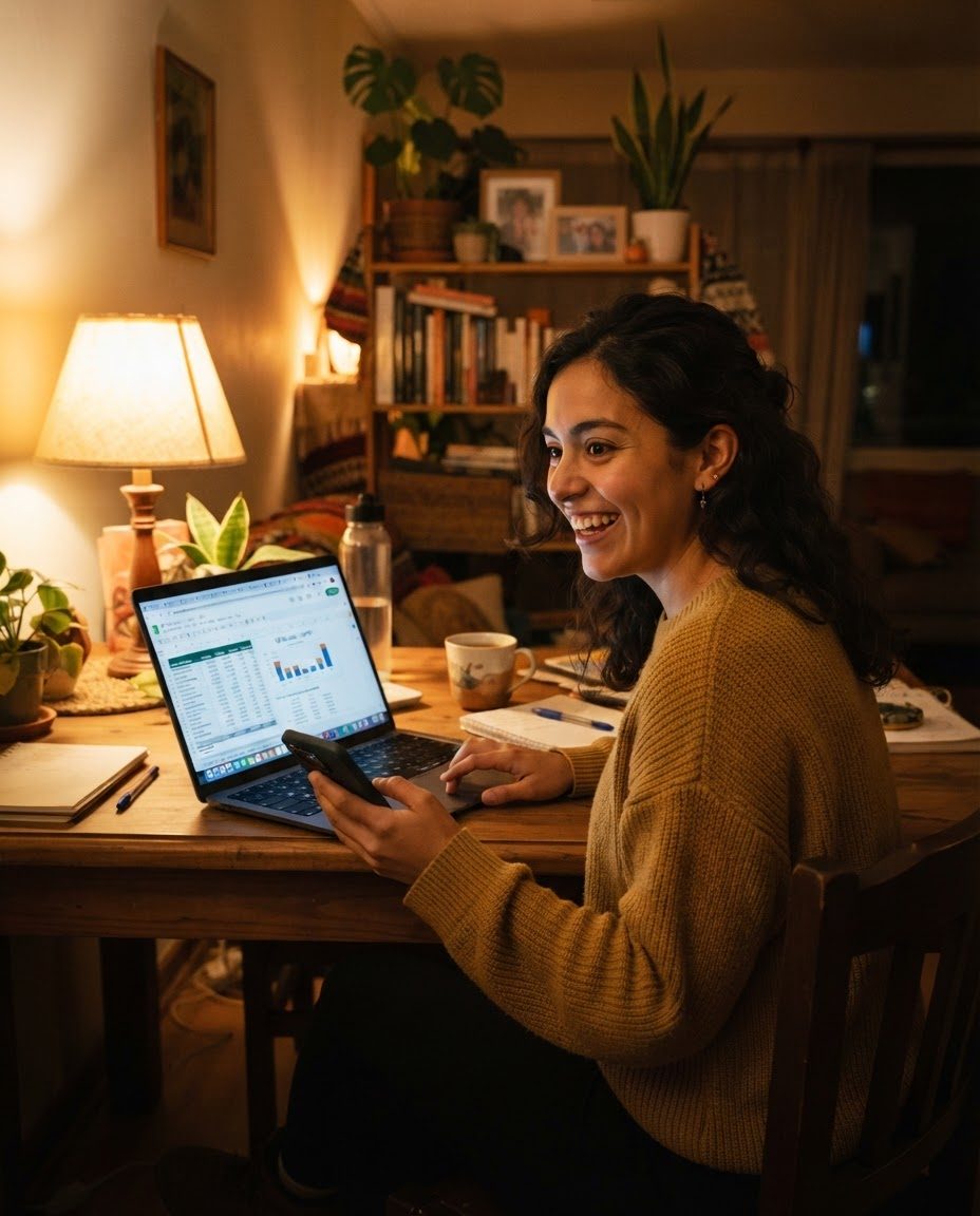 Mujer revisando en su notebook un reporte de productos, de noche en su casa