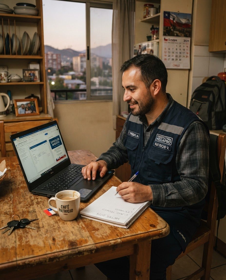 Hombre en su cocina después del trabajo, con el notebook y un cuaderno