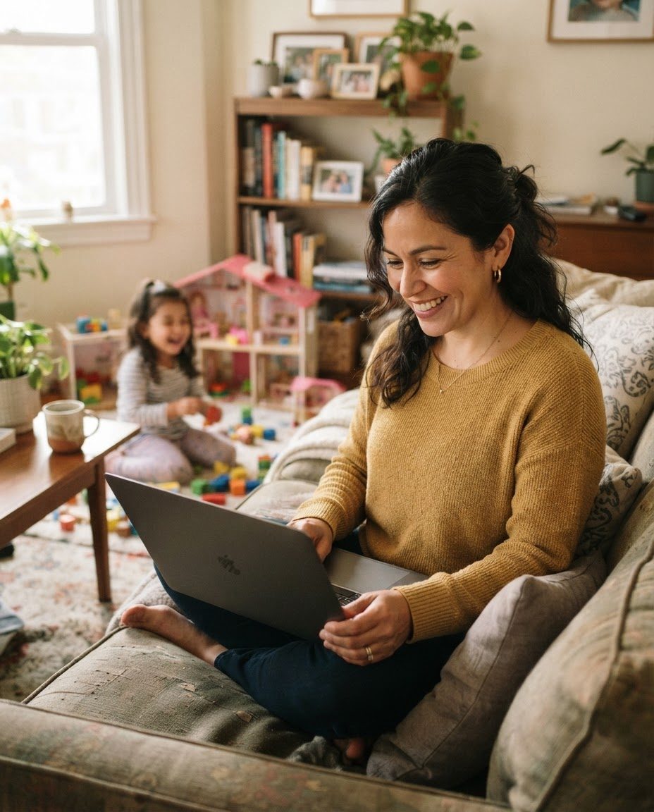 Mamá con su notebook en el sillón mientras su hija juega